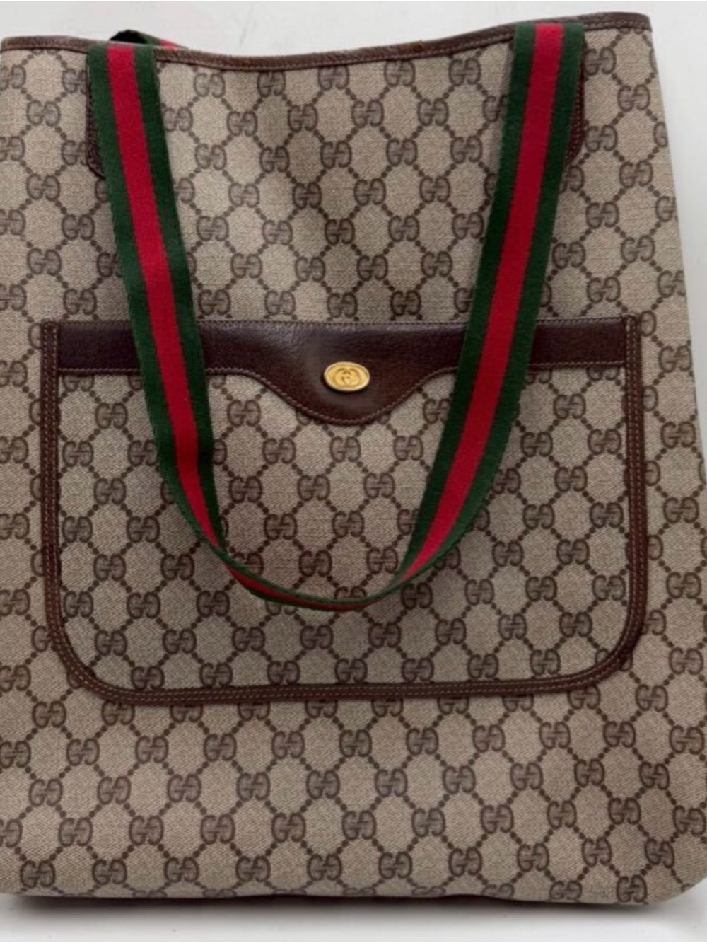 Gucci Beige GG Supreme Canvas Tote with Brown Trim and Green/Red Web Straps